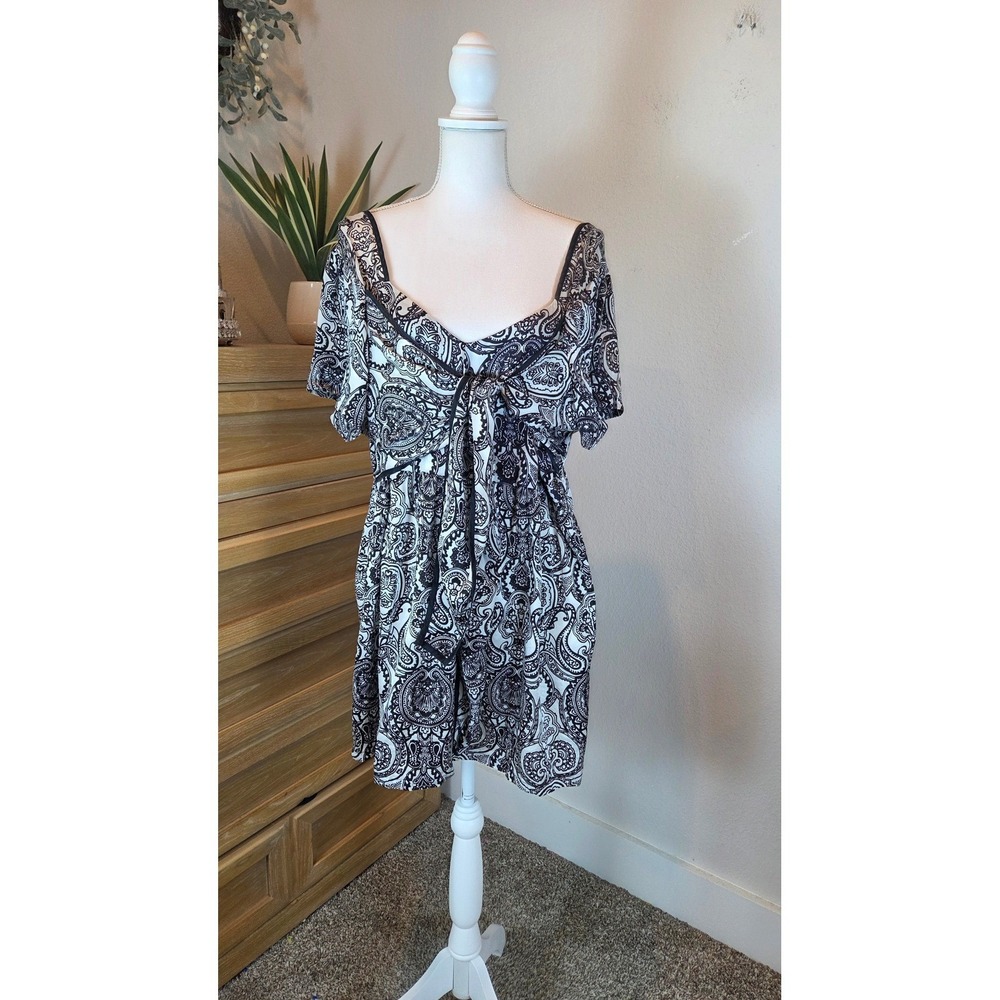 Silk Tunic Top Empire Waist Black White Boho Size 20 Y2K lSummer